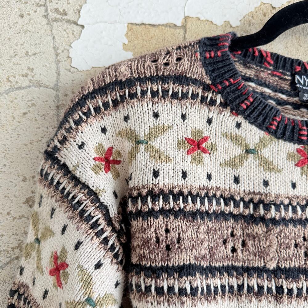 Vtg Sweater Fair Isle Floral Nordic Knit Womens XL Cottagecore Cozy Pullover - Picture 2 of 7